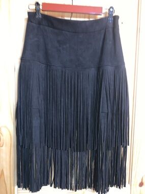 Black Fringe A-Line Skirt - Sleek Suede Look
